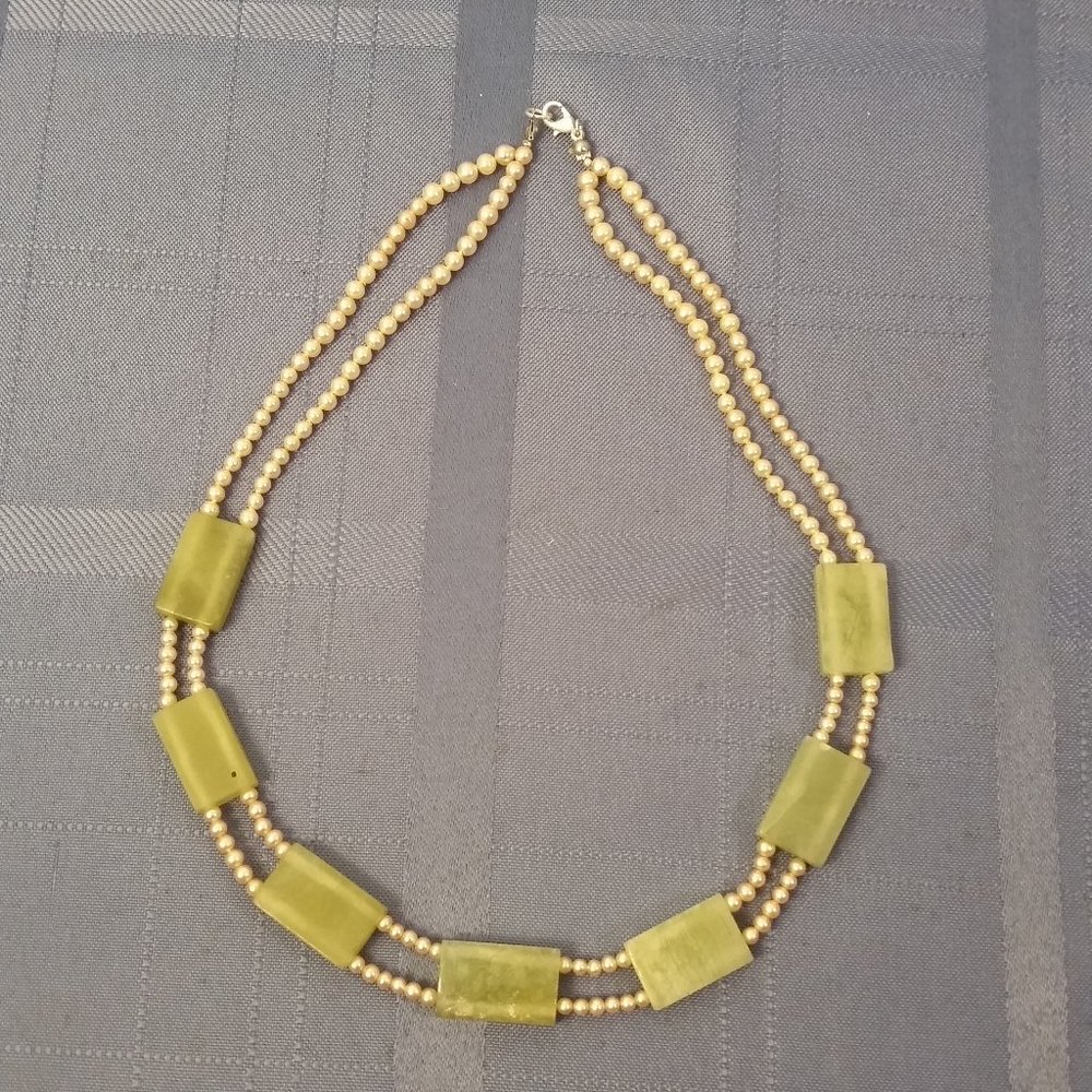 GREEN GEMSTONE JADE & Faux Pearl Necklace 20" Handmade